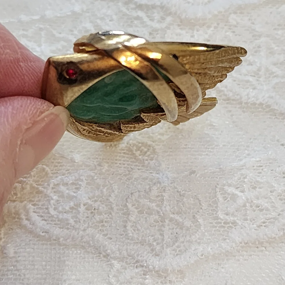 Angel Fish Brooch Encased Large Green  Glass Cabochon Gold Toned Brooch